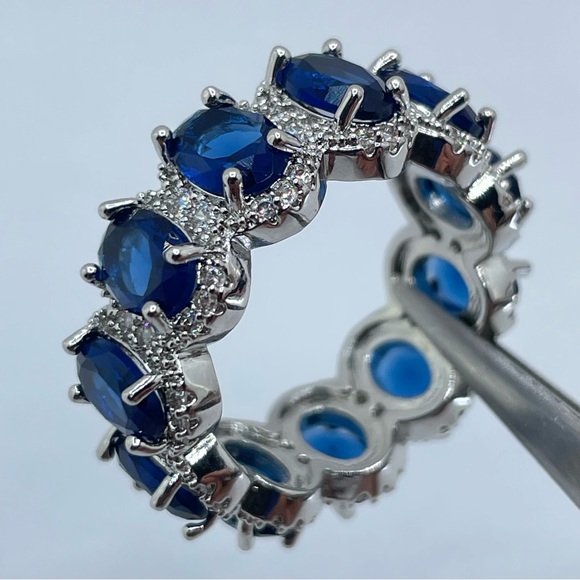 Sapphire Blue CZ Eternity Band Silver Halo Ring Bold Statement Stacking Sz 8 - Picture 4 of 6